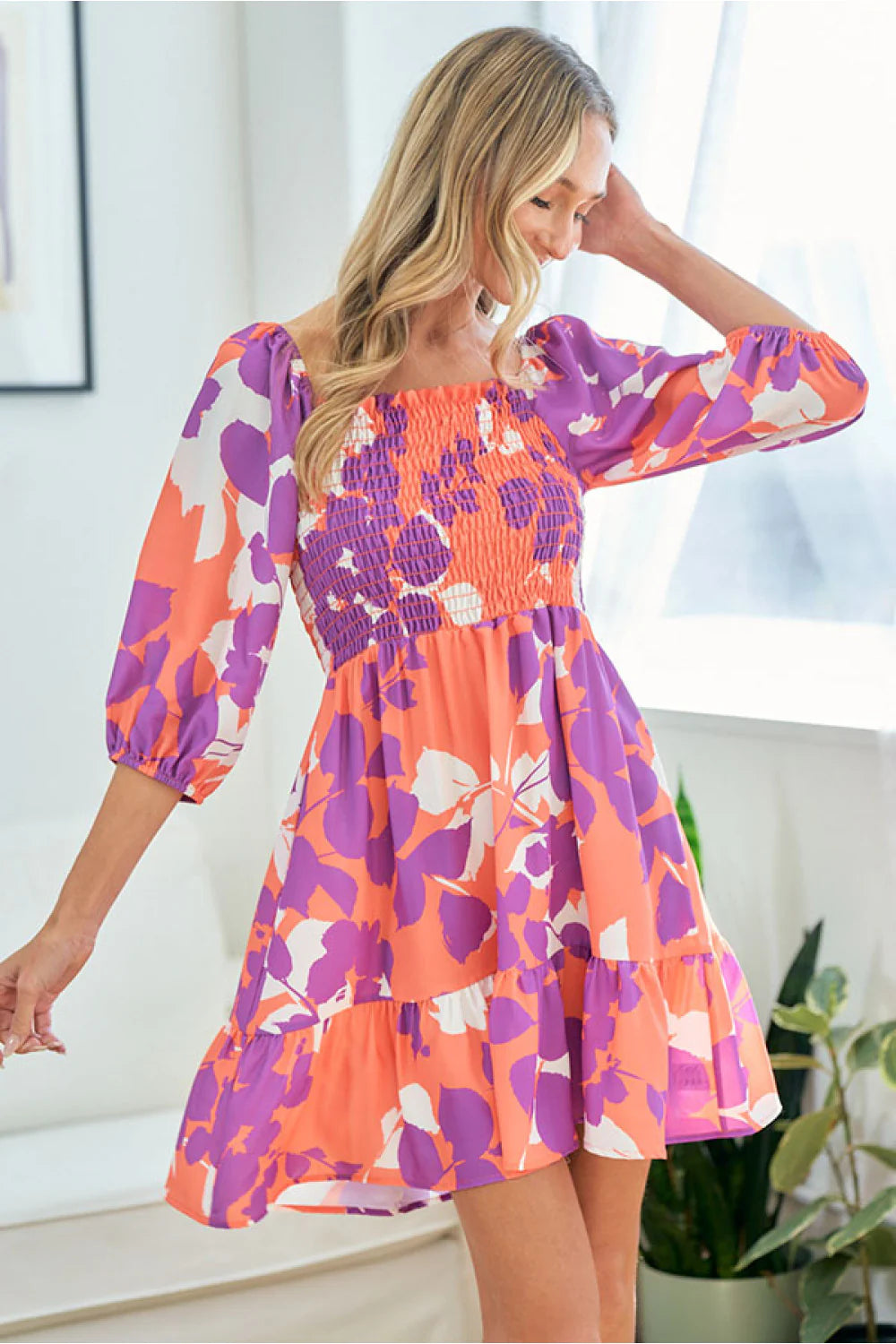 CORAL PURPLE FLORAL BABYDOLL FIT & FLARE SMOCKED DRESS- PLUS- SALE