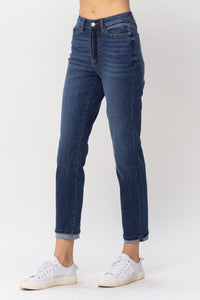 DARKWASH HIGH WAIST COOL DENIM SUSTAINABLE CUFF BOYFRIEND JUDY BLUE DENIM