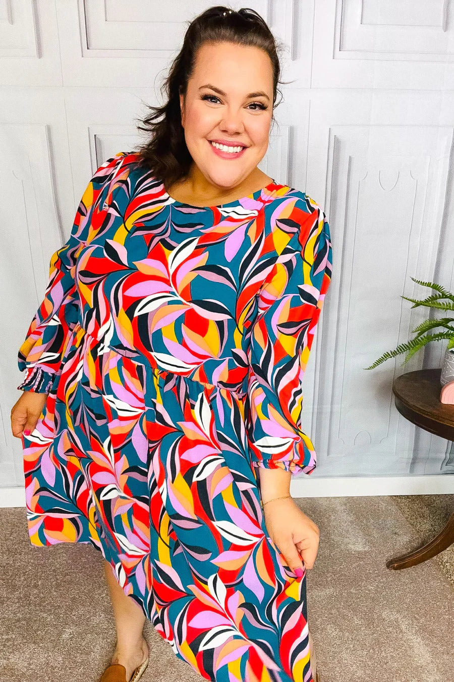 PERFECTLY YOU TEAL ABSTRACT PRINT SMOCKED CUFF BUBBLE SLEEVE DRESS-PLUS