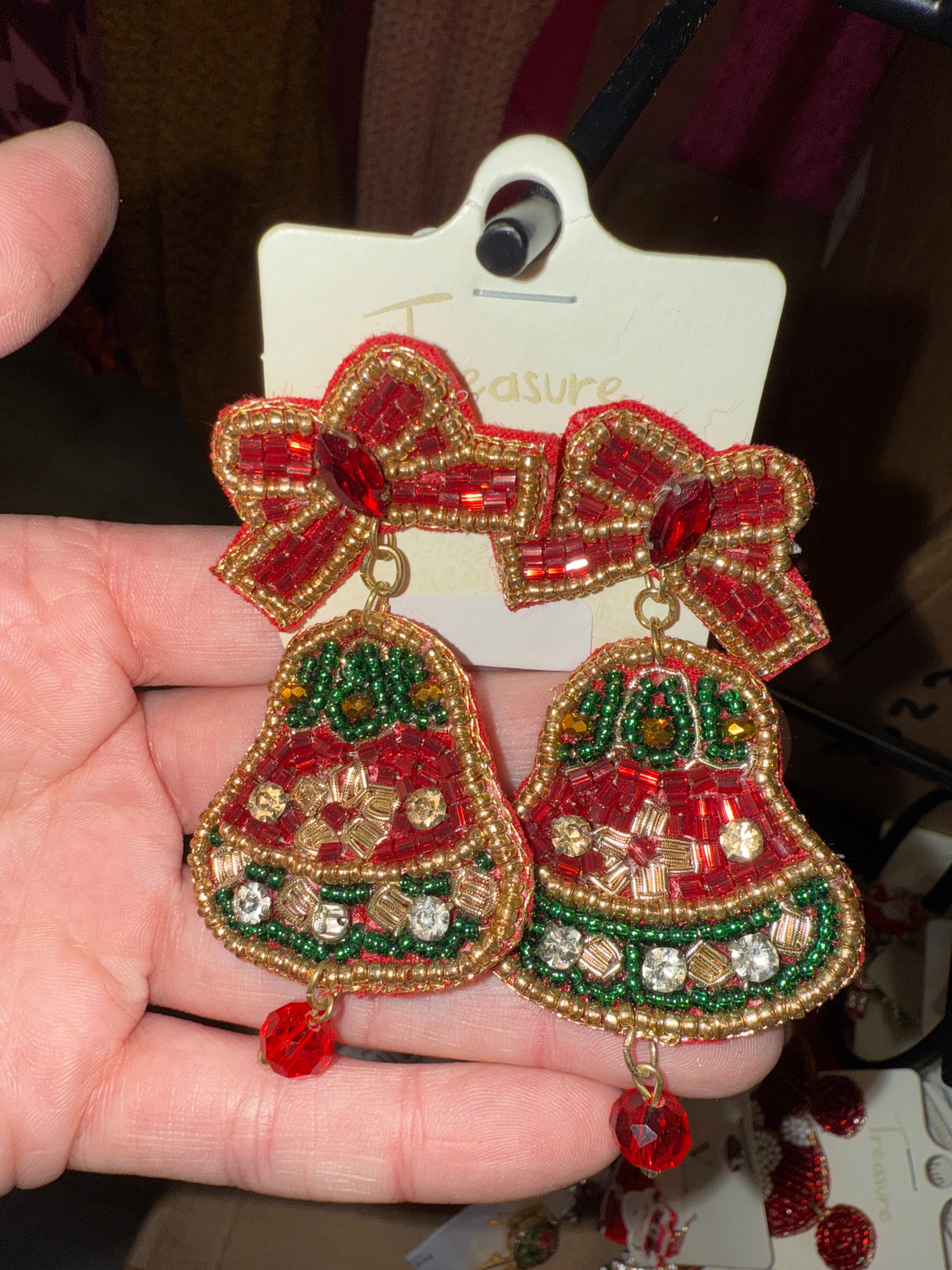 JINGLE BELL RED GREEN GOLD CHRISTMAS EARRINGS