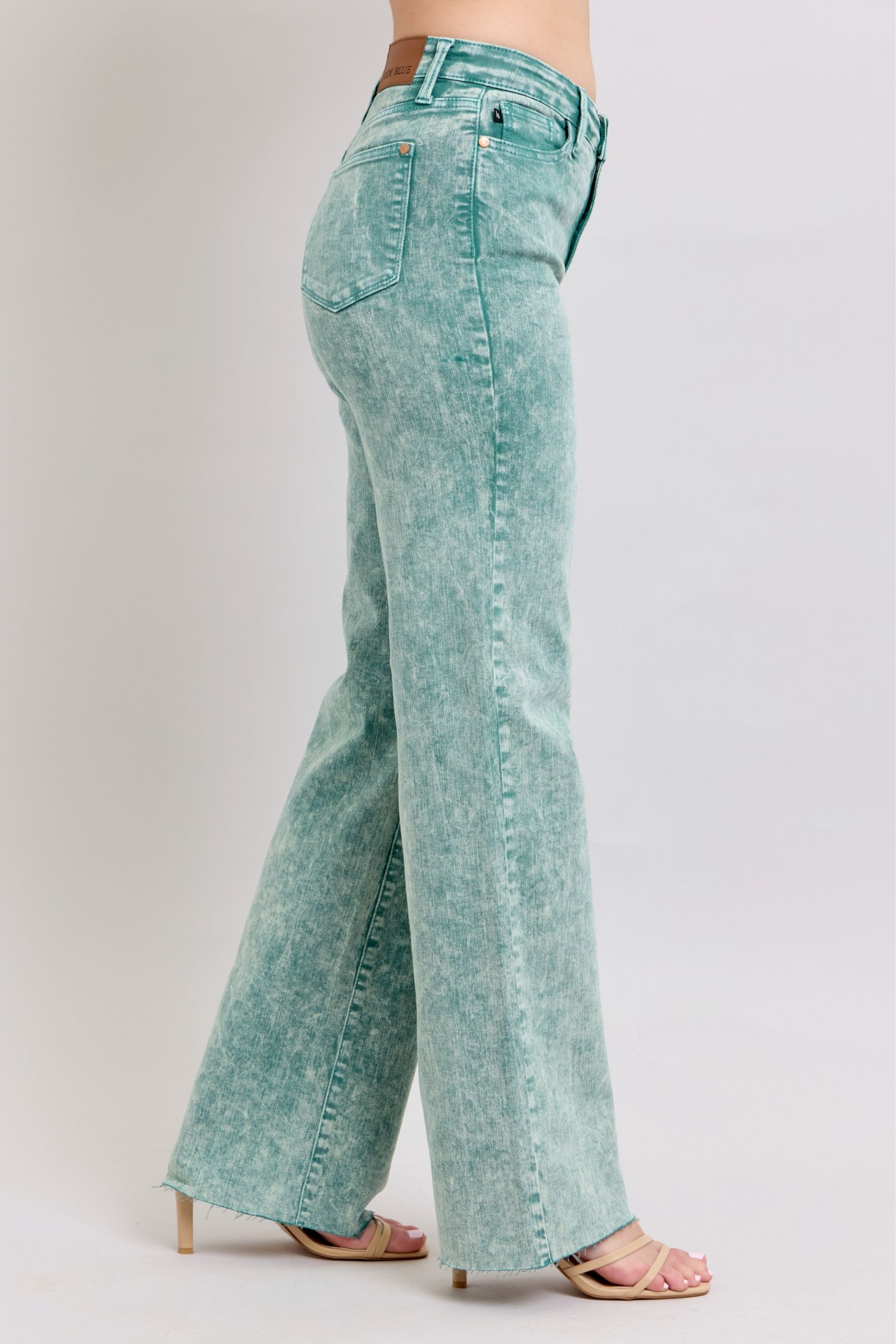 HIGH WAIST SEA GREEN GARMENT DYED RAW HEM “DAD JEANS” JUDY BLUE DENIM