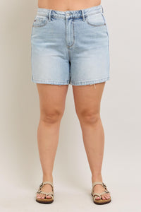 HIGH WAIST RIGID MAGIC LIGHT WASH DENIM SHORTS BY JUDY BLUE-PLUS