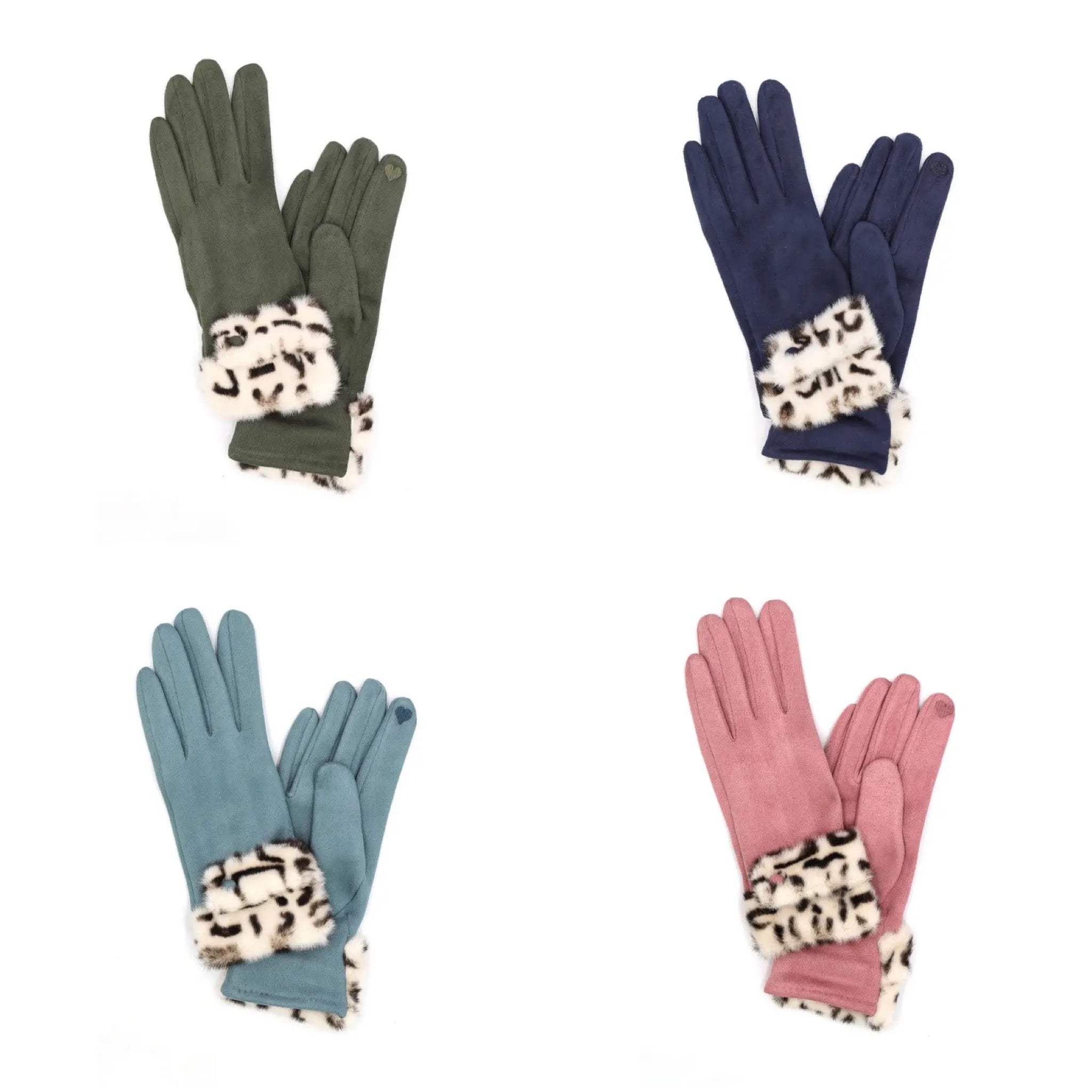 LEOPARD FUR TRIM SUEDE SMART PHONE - TOUCH SCREEN WARM & SOFT GLOVES