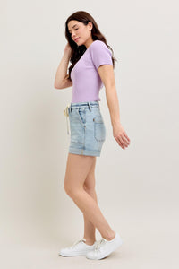 LIGHT WASH JOGGERS HIGH WAIST CUFFED DENIM SHORTS BY JUDY BLUE-PLUS