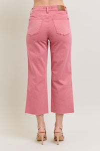 ROSE HIGH WAIST GARMENT DYED RAW HEM CROP WIDE LEG JUDY BLUE DENIM-PLUS