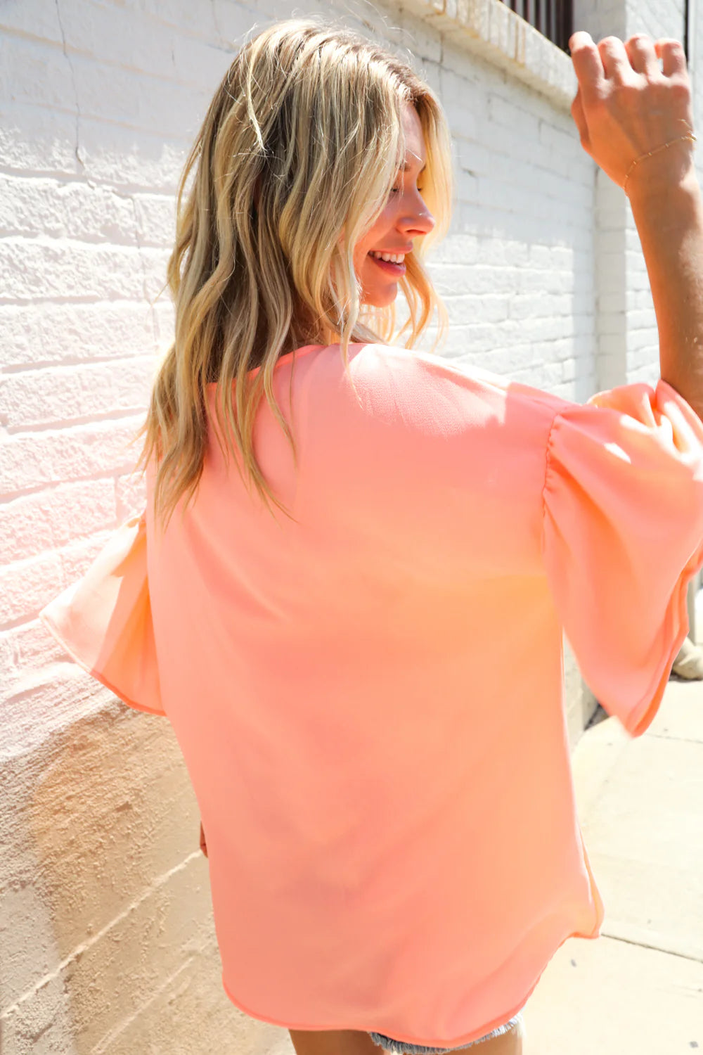PEACH WOVEN BELL SLEEVE BLOUSE- SALE- SMALL AVAILABLE