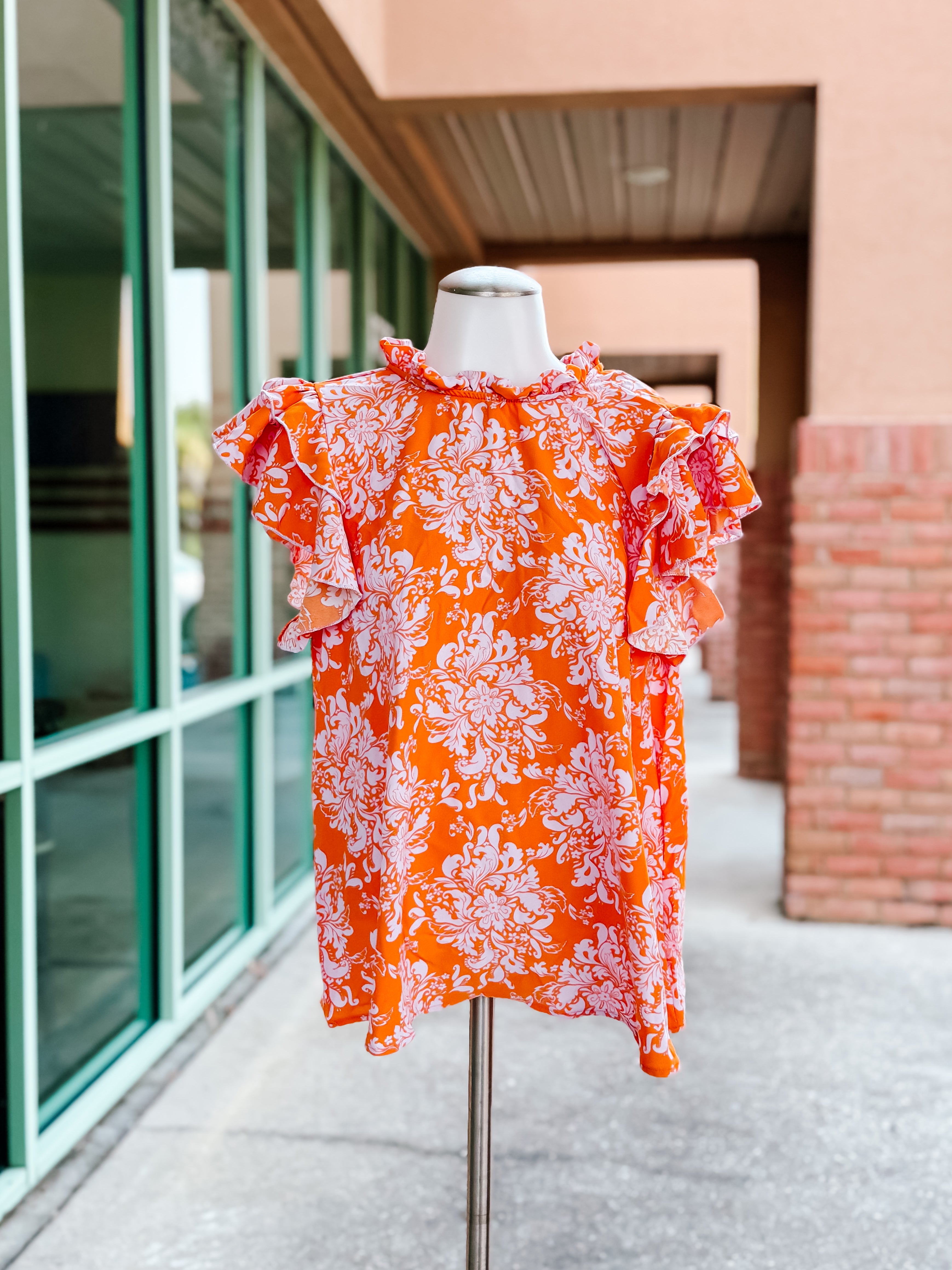 Orange Lilac Floral Mock Neck Double Layered Ruffle Top- SALE