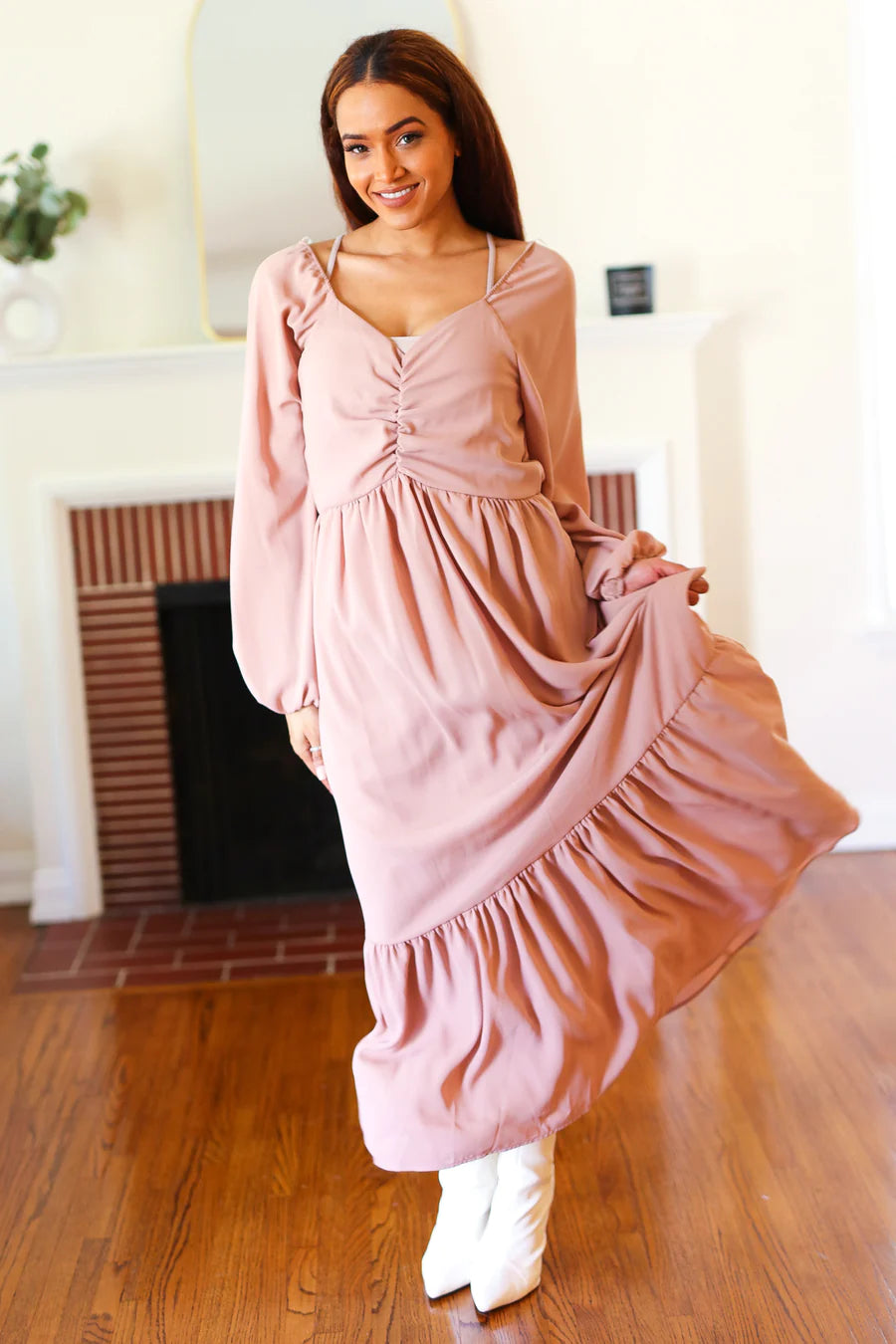 Mauve Ruched Maxi Dress-PLUS