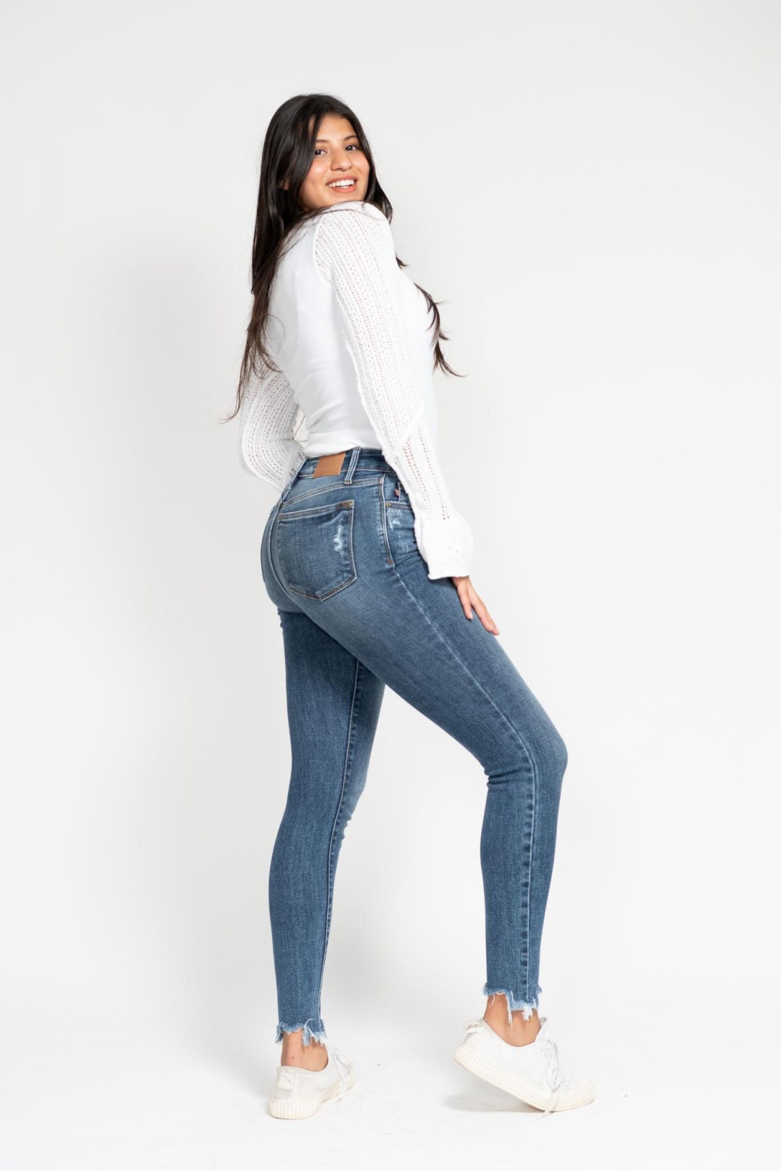 HIGH WAIST MEDIUM WASH SHARKBITE HEM SKINNY WITH DESTROY JUDY BLUE DENIM