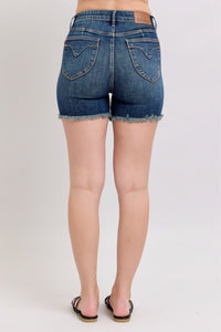 DARKWASH TUMMY CONTROL HIGH WAIST FRAYED HEM SHIELD BACK POCKETS SHORTS JUDY BLUE DENIM-PLUS