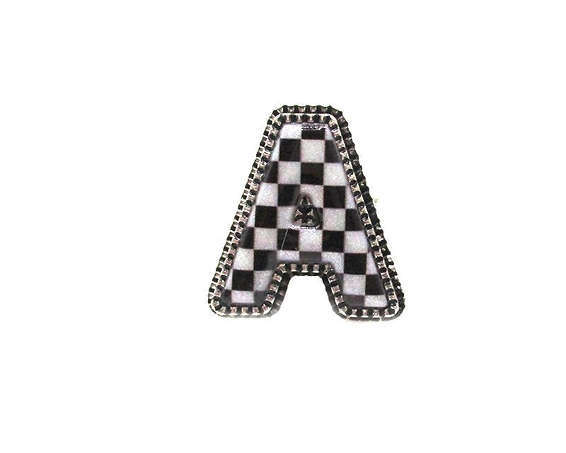 CHECKERED BUBBLE INITIAL BLACK & WHITE ON SILVER ADJUSTABLE CUFF RING