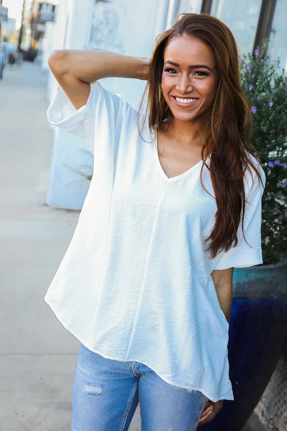 IVORY CRINKLED WOVEN CUFFED SLEEVE TOP