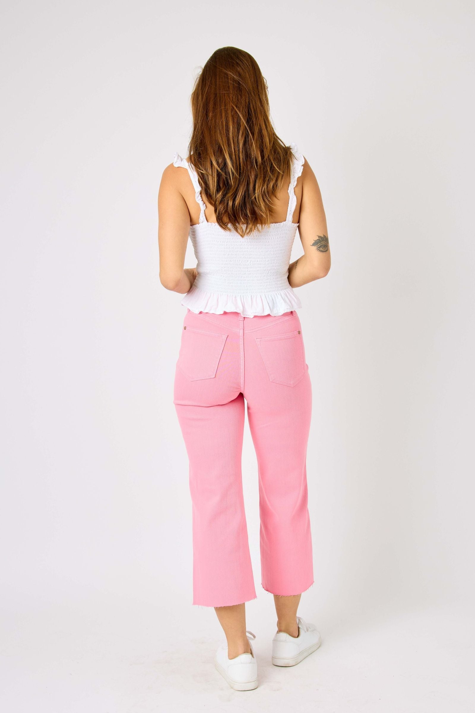 PINK HIGH WAIST GARMENT DYED TUMMY CONTROL CROPPED WIDE LEG JUDY BLUE DENIM- PLUS