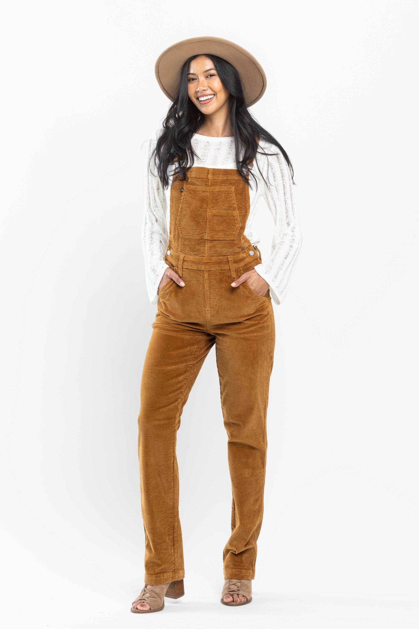 High Waist Camel Over Dyed Corduroy Overalls Straight Fit Judy Blue