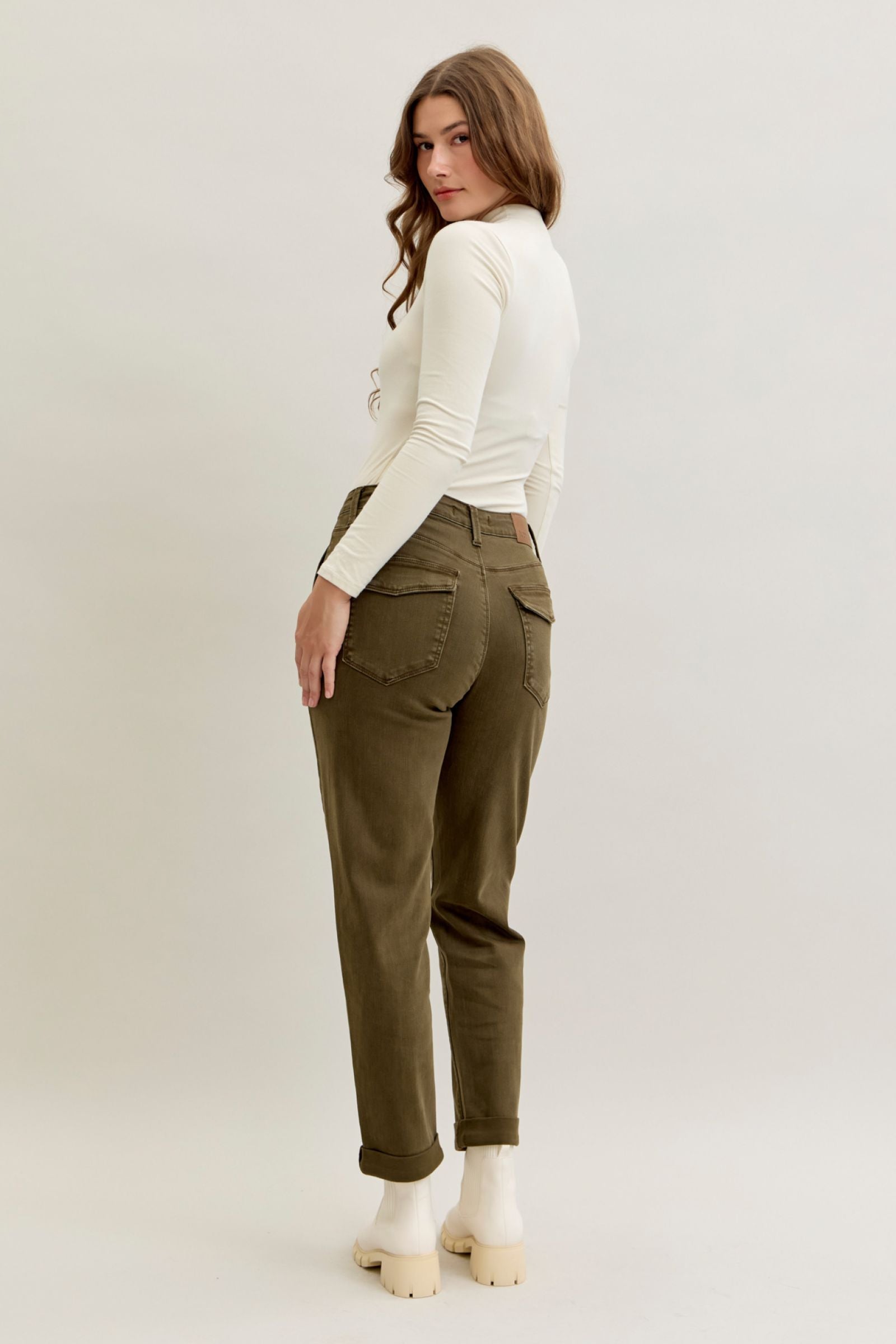 DARK FOREST GREEN HIGH WAIST AURORA WEEKENDER GARMENT DYED CUFFED JUDY BLUE DENIM-PLUS