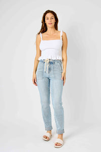 JOGGERS LIGHT WASH HIGH WAIST VINTAGE DOUBLE CUFF JUDY BLUE DENIM-PLUS