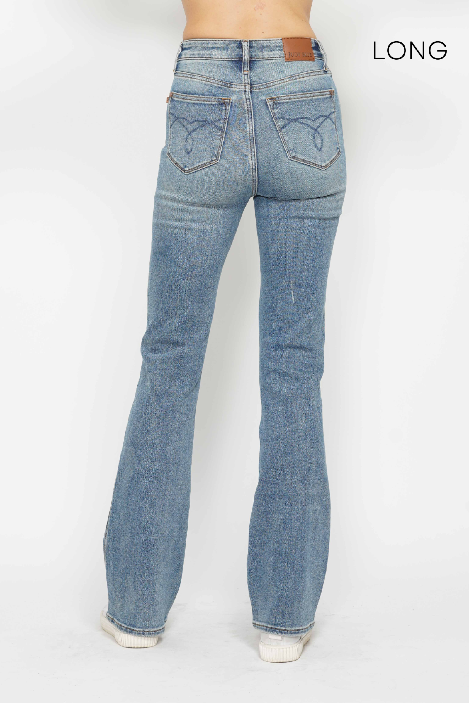 *SHORT INSEAM* HIGH WAIST TUMMY CONTROL MEDIUM WASH BACK POCKET EMBROIDERY BOOTCUT JUDY BLUE DENIM