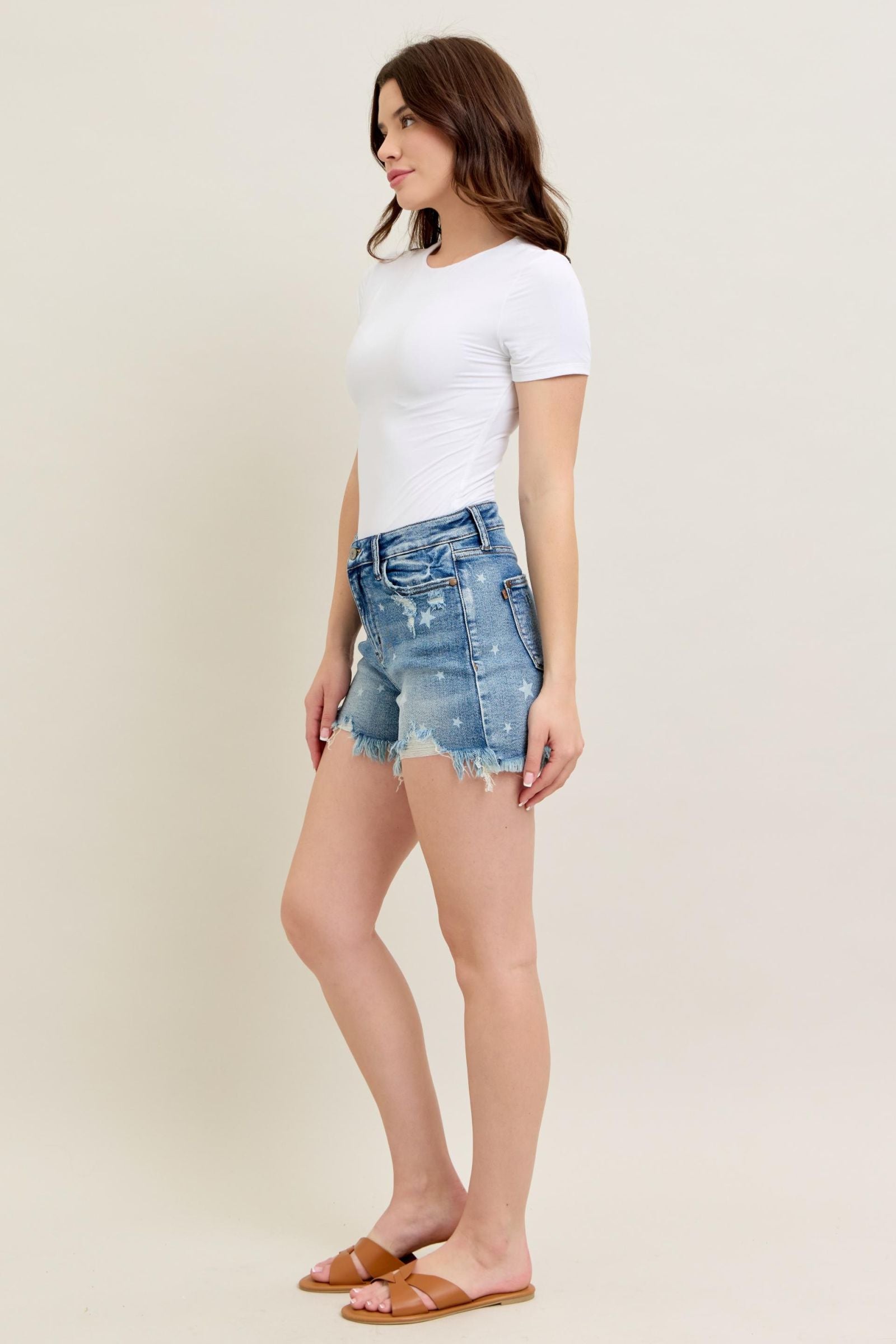 STAR PRINT DESTROYED CUT OFF DENIM SHORTS BY JUDY BLUE MEDIUM WASH HIGH WAIST-PLUS