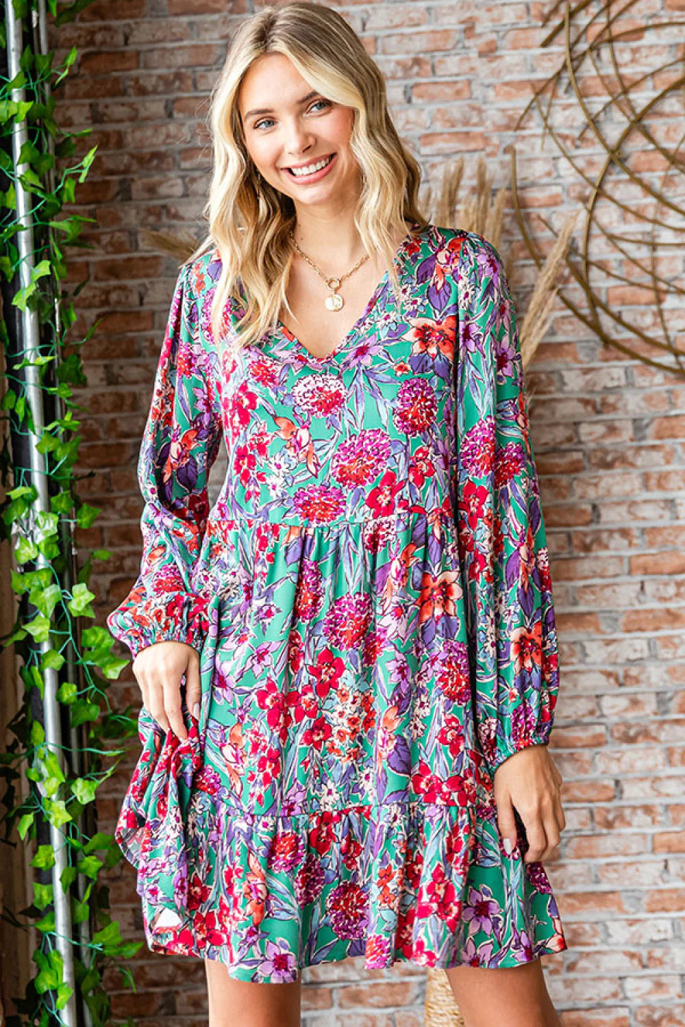 TEAL HOT PINK FLOWERS LONGSLEEVE TIERED DRESS
