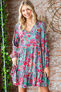 TEAL HOT PINK FLOWERS LONGSLEEVE TIERED DRESS