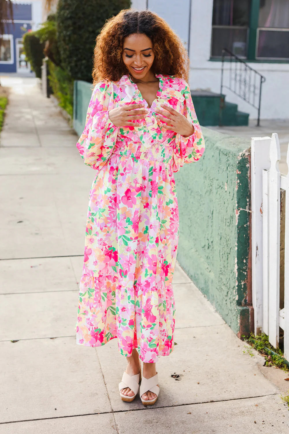NEON PINK GREEN PEACH FRILLY VNECK RUFFLE SHIRRED WAIST FLORAL MAXI DRESS