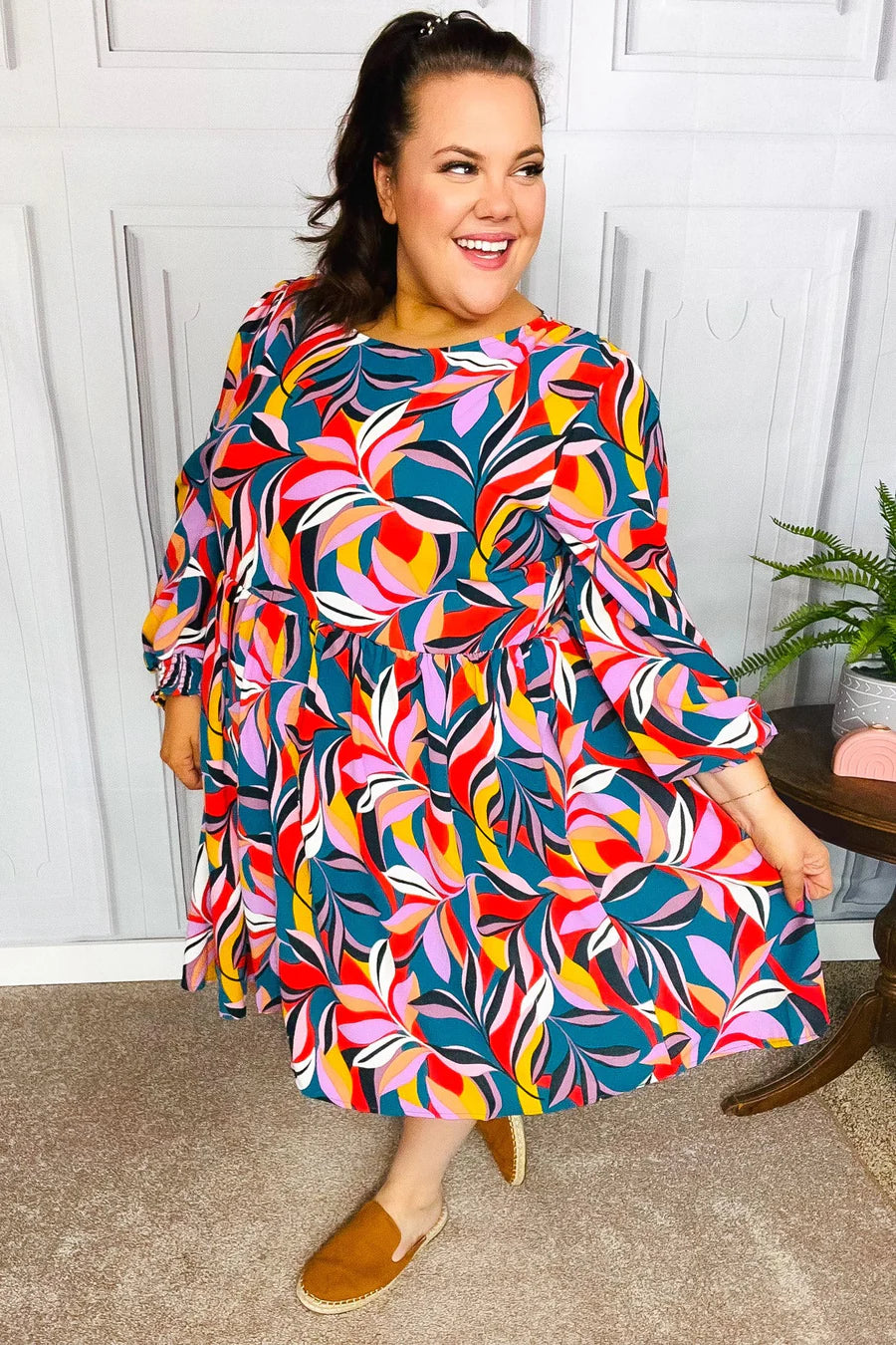 PERFECTLY YOU TEAL ABSTRACT PRINT SMOCKED CUFF BUBBLE SLEEVE DRESS-PLUS