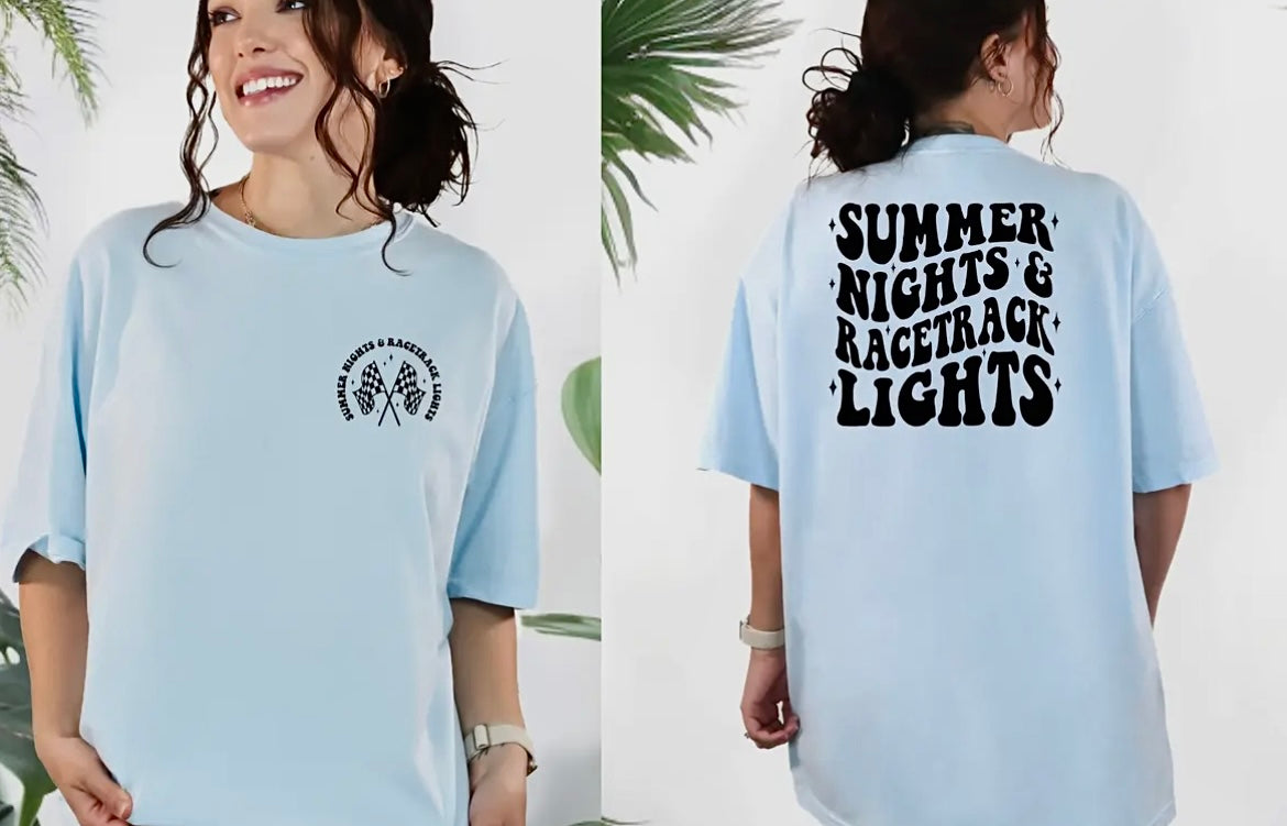 DUAL SIDED (FRONT CORNER & BACK PRINT) SUMMER NIGHTS & RACE TRACK LIGHTS CHAMBRAY BLUE TEE