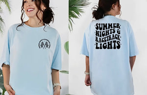 DUAL SIDED (FRONT CORNER & BACK PRINT) SUMMER NIGHTS & RACE TRACK LIGHTS CHAMBRAY BLUE TEE