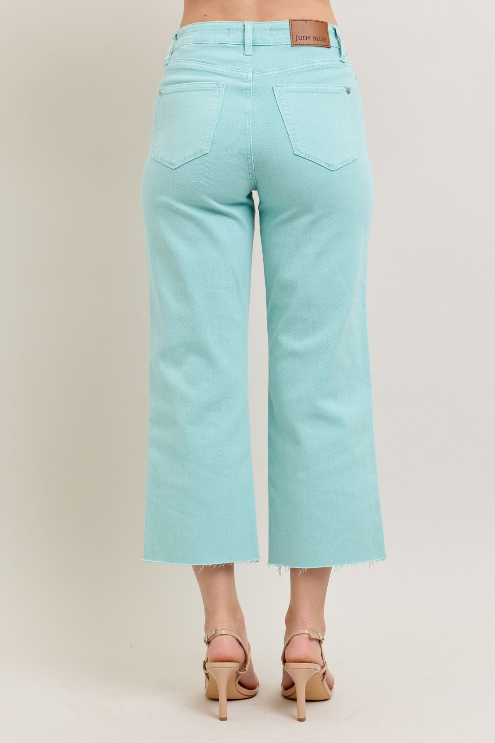 LIGHT BLUE SKY HIGH WAIST GARMENT DYED RAW HEM CROP WIDE LEG JUDY BLUE DENIM