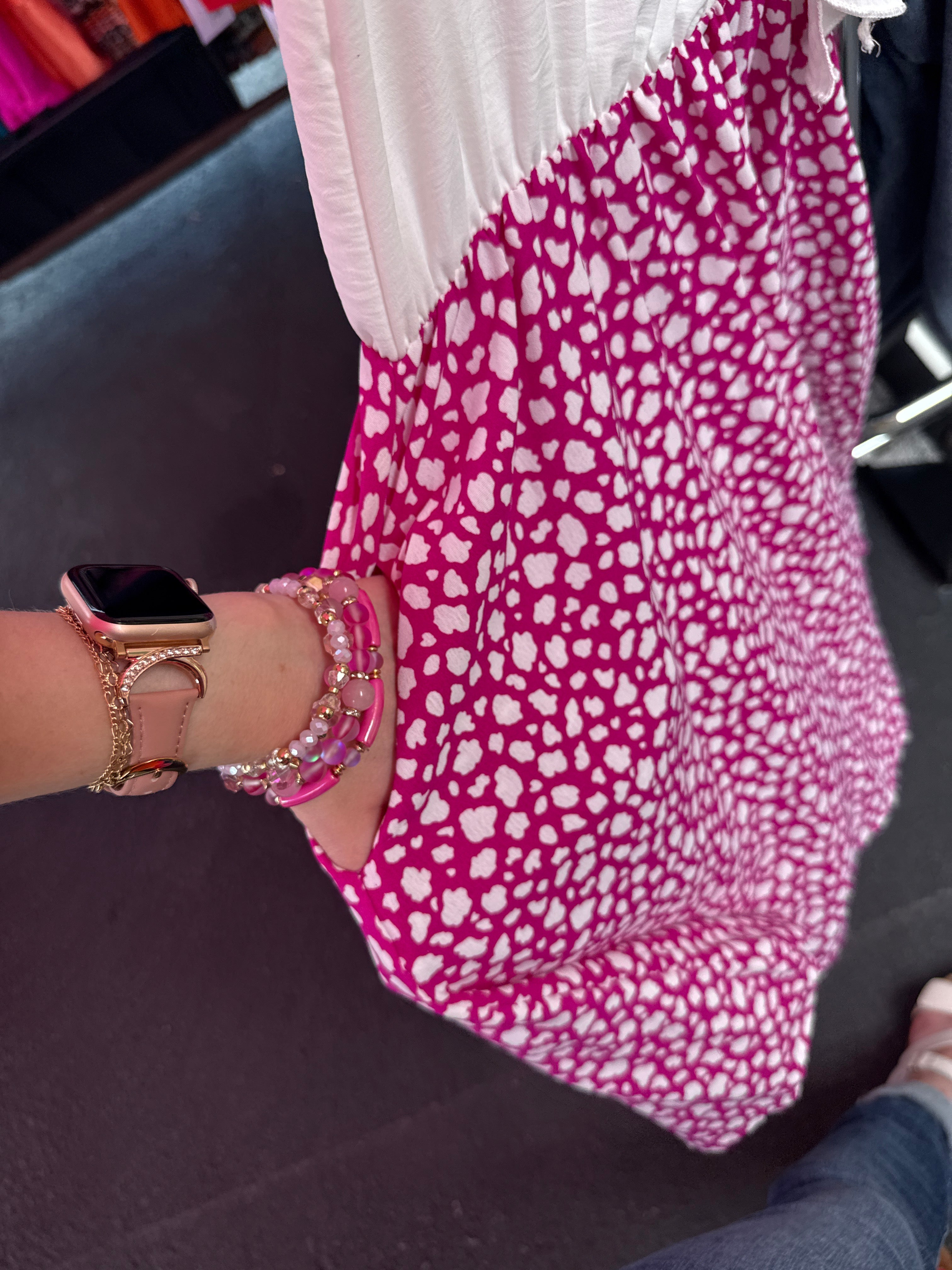 Fuchsia White Dotted Animal Ruffle Vneck Pocketed Dress