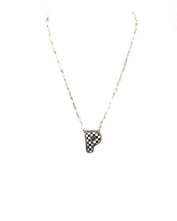 CHECKERED BUBBLE INITIAL BLACK & WHITE ON SILVER CHAIN WITH 18" + 3" EXTENDER NECKLACE