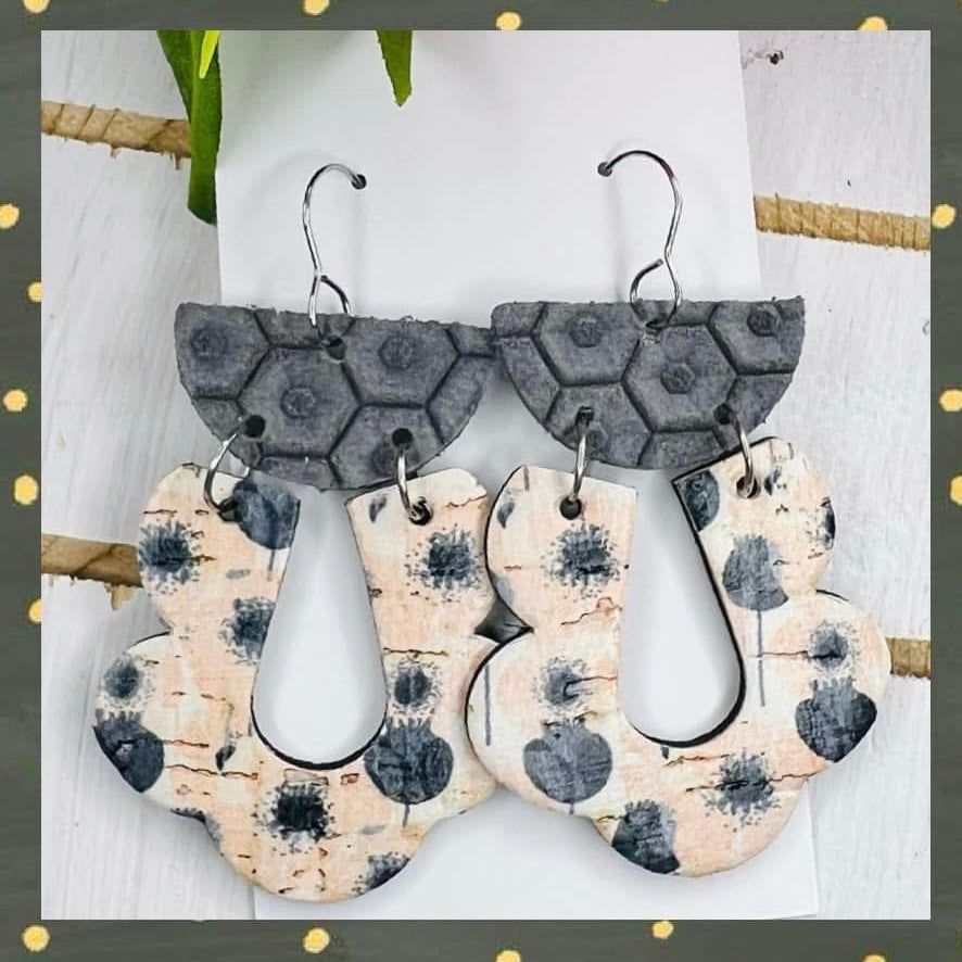 GREY BEIGE LIGHT ROSE COLORED GEO SHAPES TWO TIER SCALLOPED DESIGN LEATHER HANDMADE EARRINGS BY B.O.D