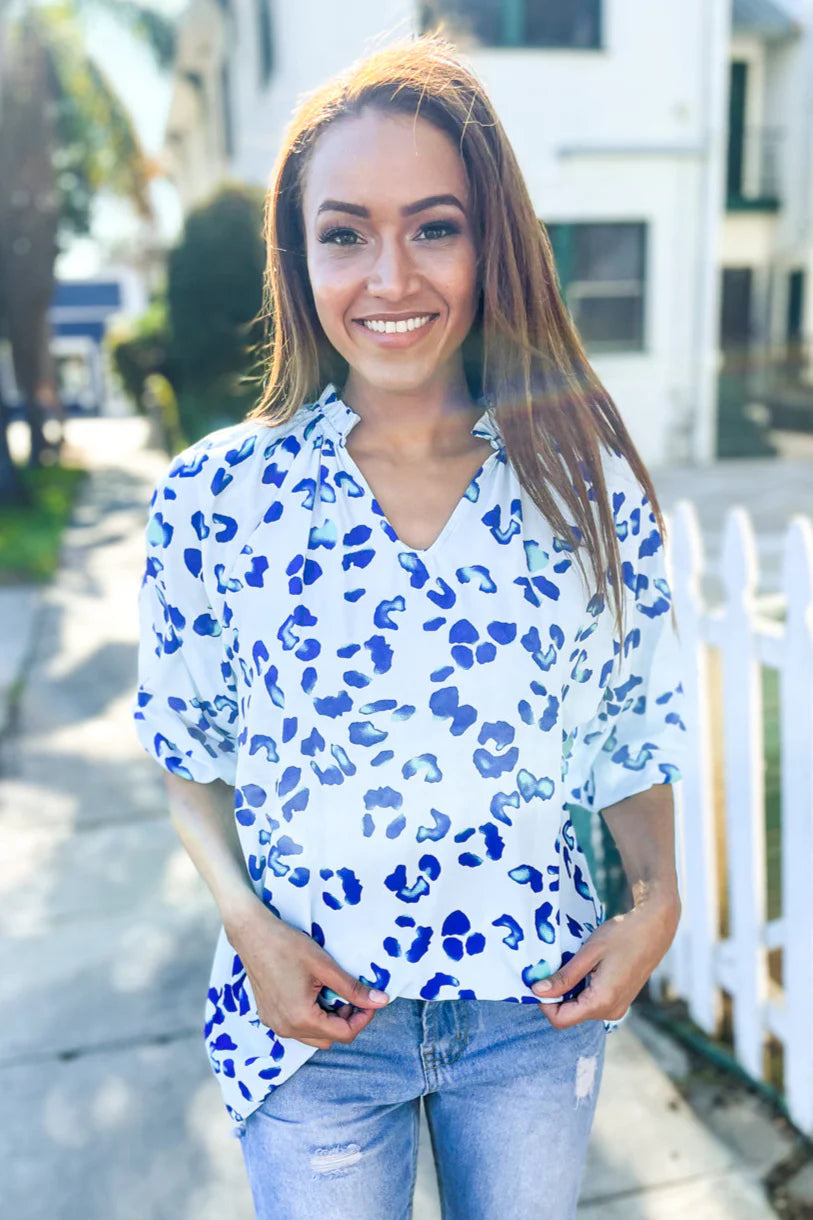 BLUE & IVORY ANIMAL PRINTED DOLMAN BUBBLE TOP-PLUS