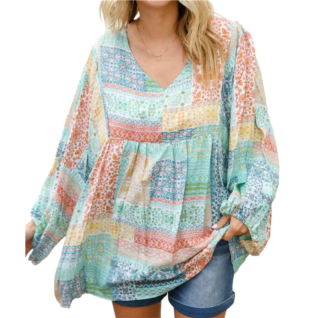 MINT PEACH BOHEMIAM PRINTED PATCHWORK 3/4 BUBBLE SLEEVE VNECK TOP- PLUS- SALE- 1X & 2X AVAILABLE