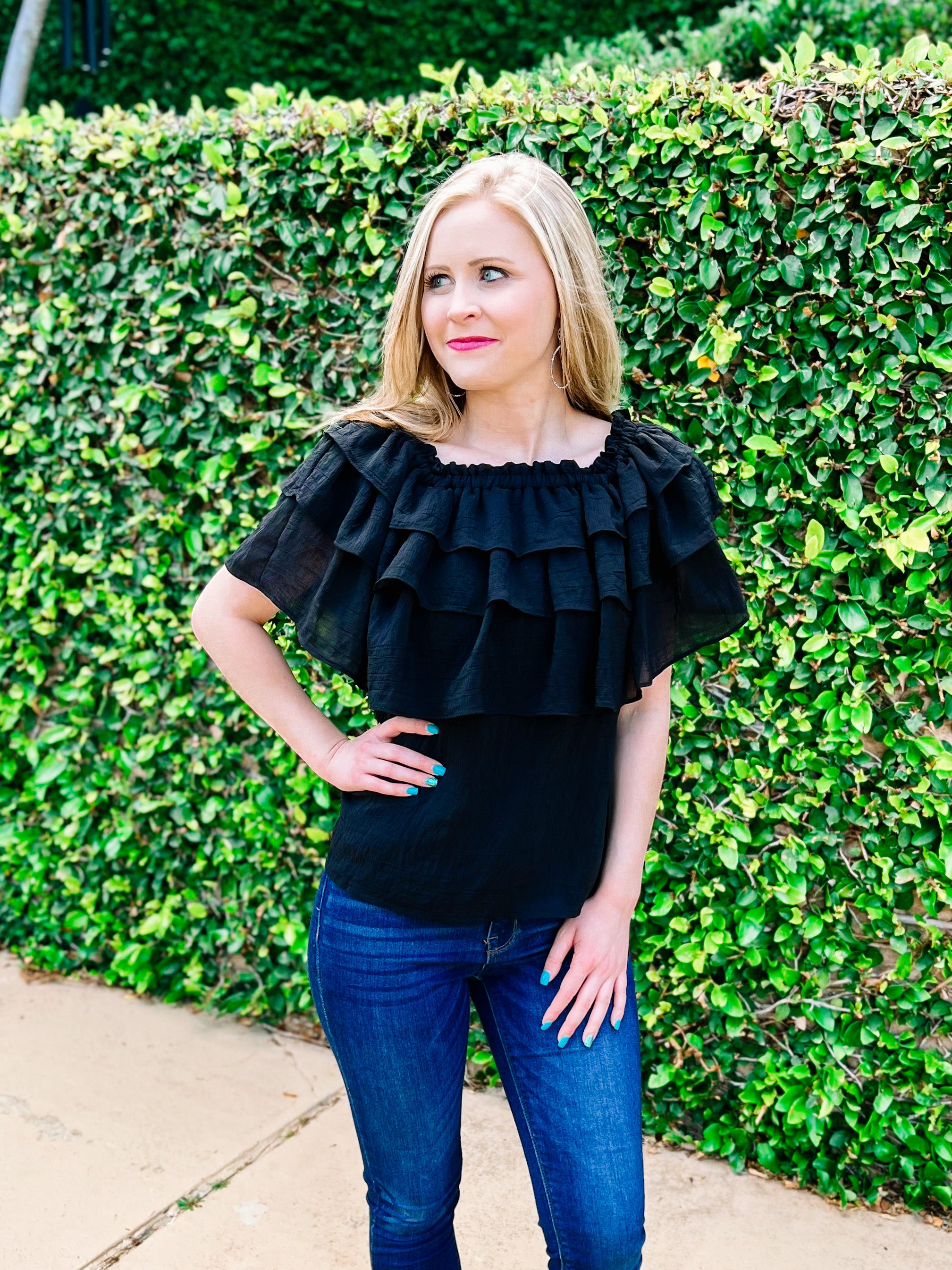 Black Ruffle Off/On Shoulder Top