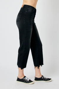 BLACK HIGH WAIST DESTROYED RAW HEM CROP WIDE LEG JUDY BLUE DENIM-PLUS