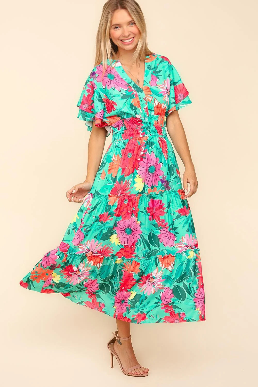 TEAL AQUA PINK SUMMERY FLORAL MAXI DRESS WITH POCKETS