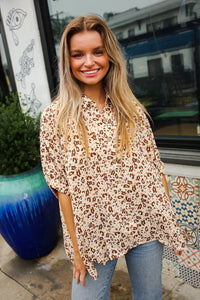 TAUPE ANIMAL BUTTON DOWN TOP