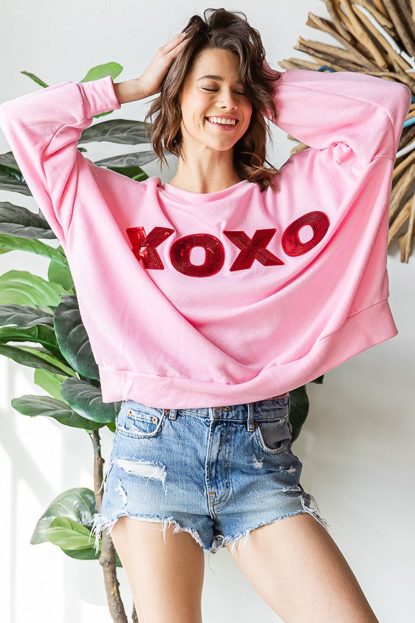 PINK XOXO OVERSIZED SEQUIN PATCH SWEATSHIRT-PLUS