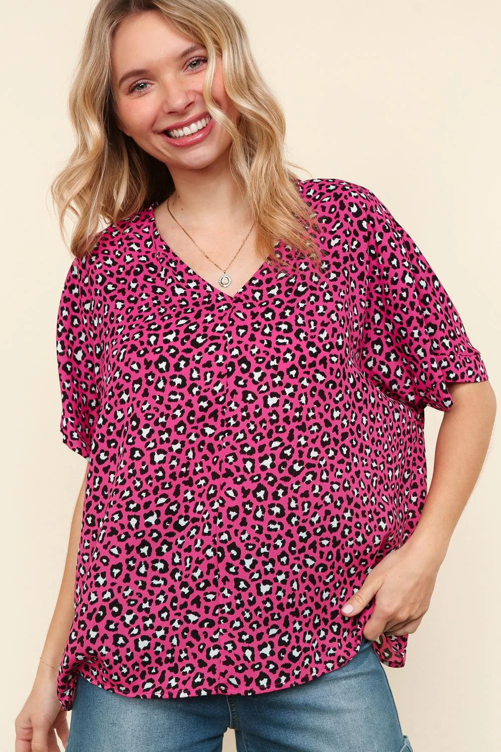 HOT PINK MAGENTA BLACK LEOPARD WOVEN VNECK BLOUSE-PLUS