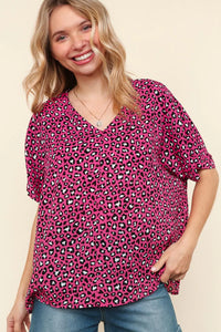 HOT PINK MAGENTA BLACK LEOPARD WOVEN VNECK BLOUSE-PLUS