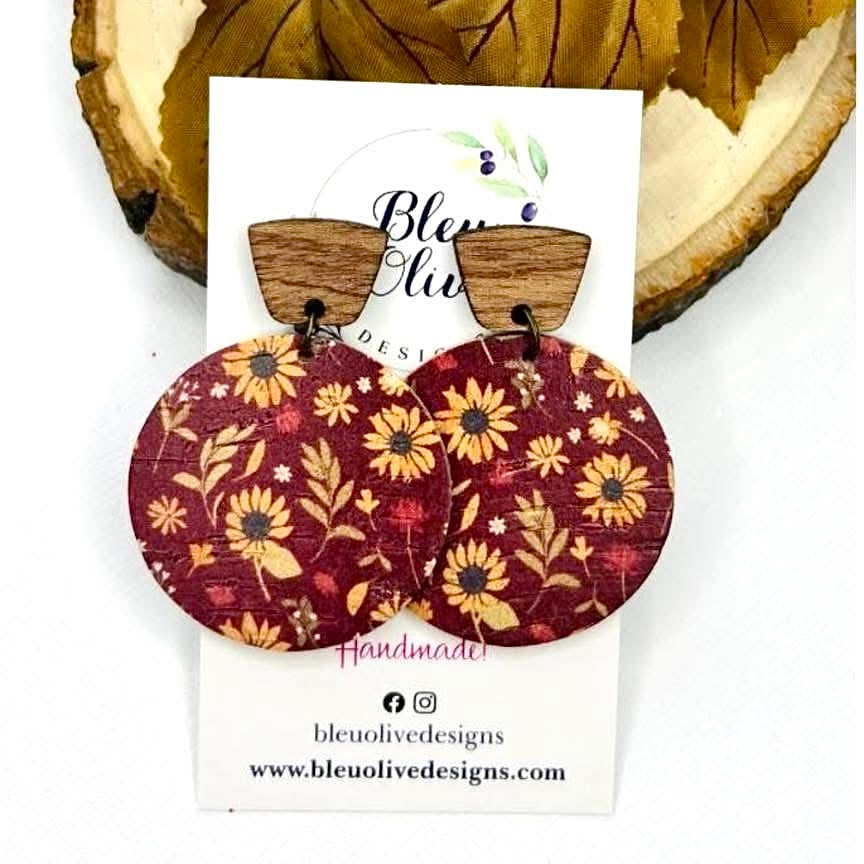 FALL BOUQUET FLORAL SUNFLOWER MAROON WOODEN TOPPER HANDMADE EARRINGS BY B.O.D