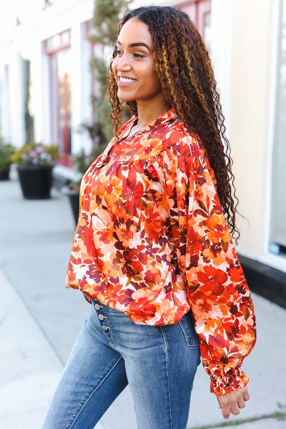 FALL VIBES RUST FLORAL PRINT NOTCHED NECK SMOCKED SATIN BLOUSE-PLUS