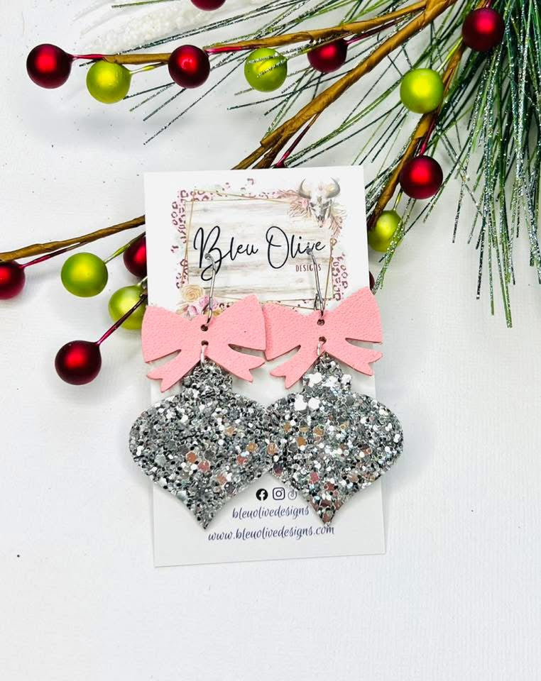 GLITZ & GLAM CHRISTMAS ORNAMENT WITH BOW HANDMADE EARRINGS BY B.O.D