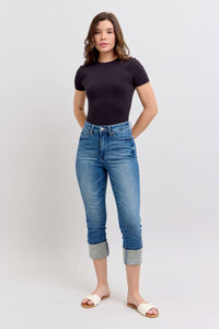 HIGH WAIST TUMMY CONTROL MEDIUM WASH BACK SHIELD POCKETS & CUFFED CAPRIS JUDY BLUE DENIM