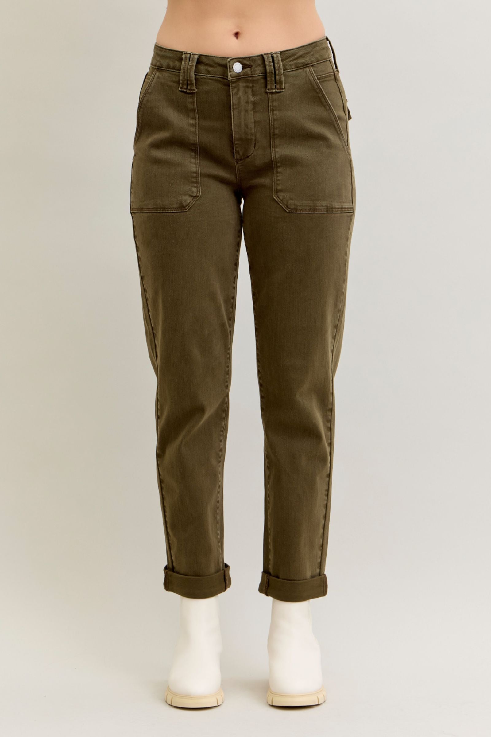 DARK FOREST GREEN HIGH WAIST AURORA WEEKENDER GARMENT DYED CUFFED JUDY BLUE DENIM-PLUS