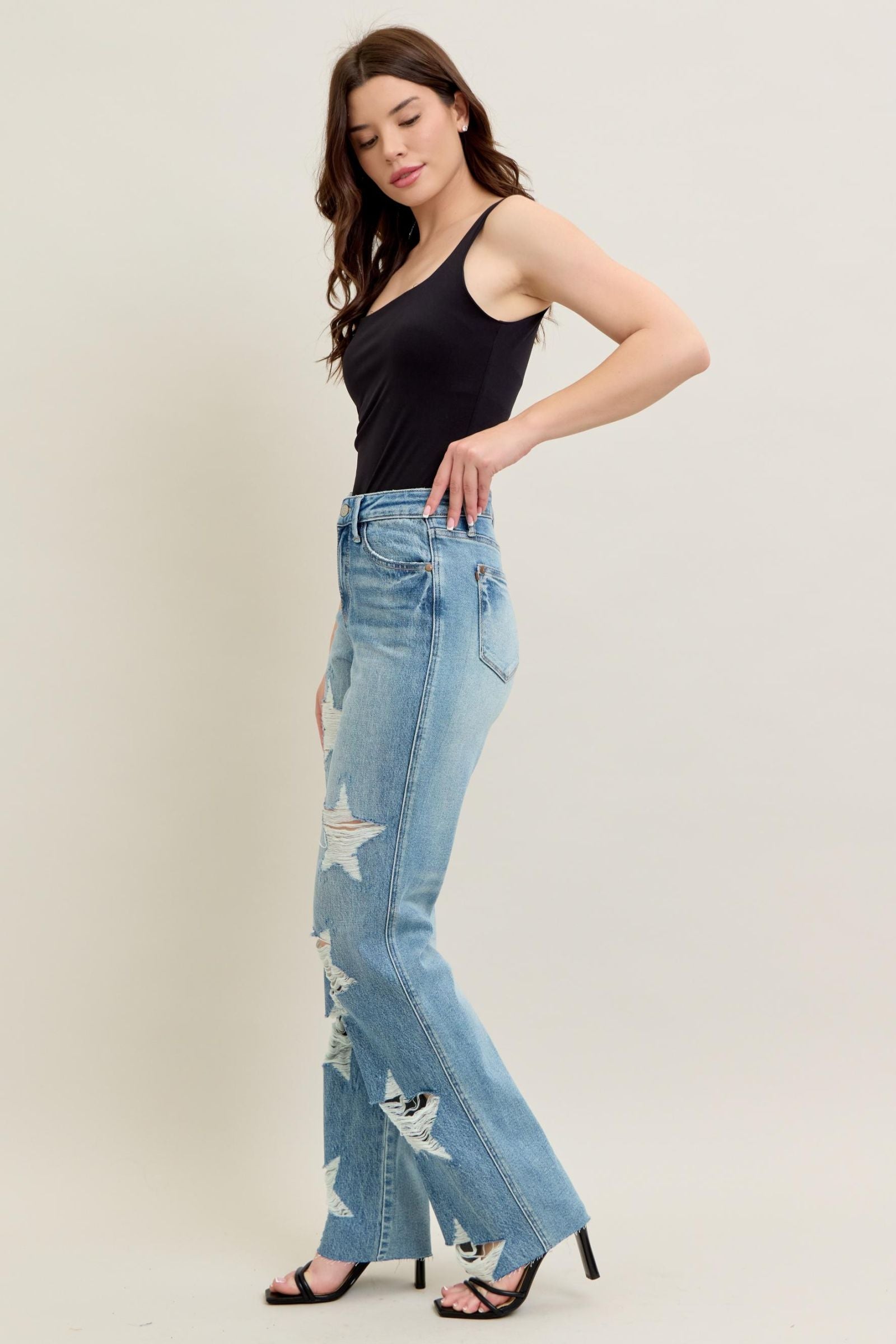 MEDIUM WASH HIGH WAIST RIGID MAGIC STAR SHAPED DESTROYED 90S STRAIGHT JUDY BLUE DENIM-PLUS
