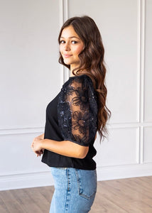 Midnight Blossom Black Sequin Puff Sleeve Top