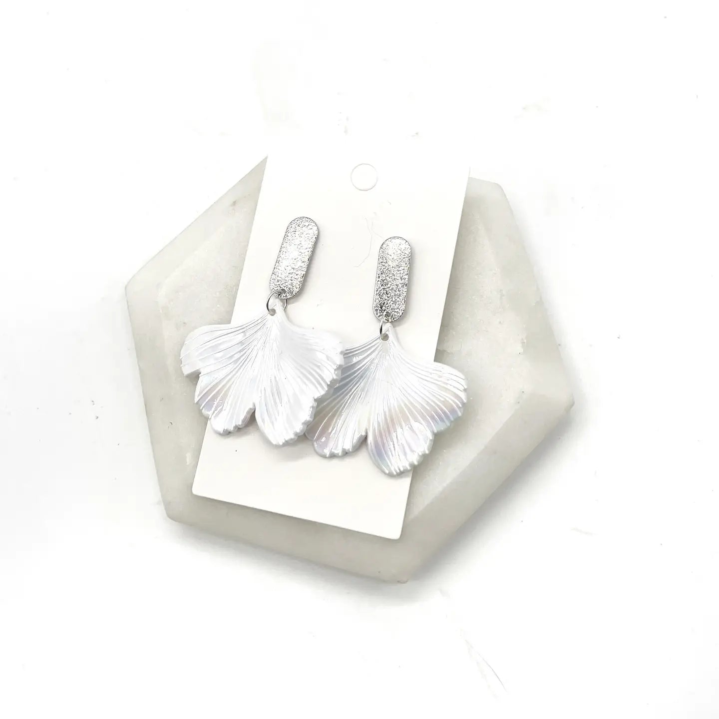 IRIDESCENT WHITE PEARL GINGKO LEAF STATEMENT HANDMADE BBB EARRINGS