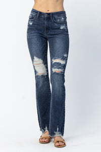 JUDY BLUE MID RISE SLIM BOOTCUT DISTRESSED DARKWASH DENIM- SIZE 0/24